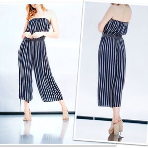 Navy Blue Striped Strapless Wide-Leg Jumpsuit